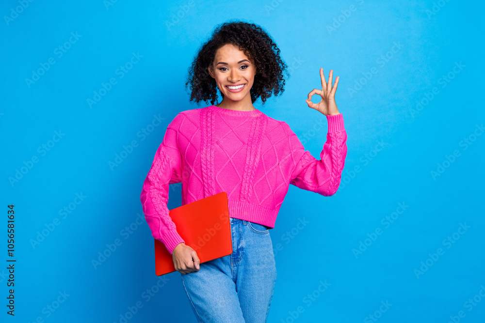 Photo of charming girly lady wear pink sweater holding modern gadget showing okey sign isolated blue color background Photo of charming girly lady wear pink sweater holding modern gadget showing okey sign isolated blue color background