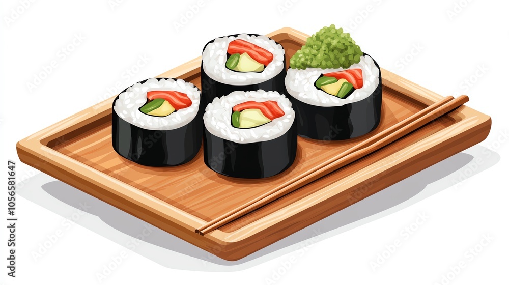 Delicious sushi rolls with salmon, cucumber, and wasabi on a wooden platter. Delicious sushi rolls with salmon, cucumber, and wasabi on a wooden platter.