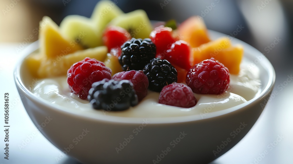 Delicious yogurt topped with an assortment of fresh berries and tropical fruit, in a white bowl. Delicious yogurt topped with an assortment of fresh berries and tropical fruit, in a white bowl.