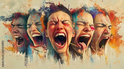 Expressive faces displaying a range of emotions with vibrant colors and textures. photo