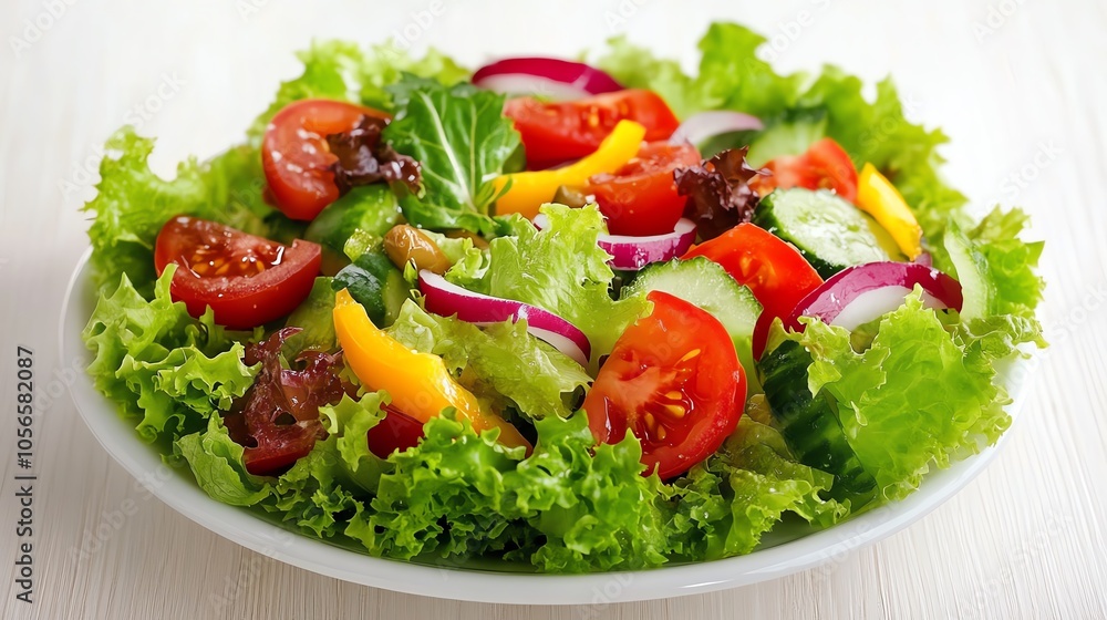 Fresh salad with vibrant tomatoes, cucumbers, and lettuce in a white bowl on a pale background. Fresh salad with vibrant tomatoes, cucumbers, and lettuce in a white bowl on a pale background.