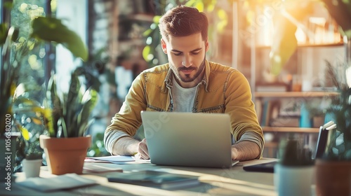 Focused man working on laptop in a bright workspace with plants, showcasing productivity and modern lifestyle.