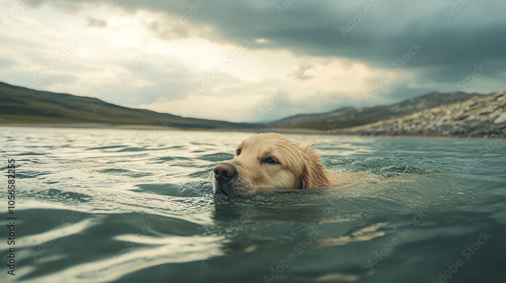 Golden retriever swimming in a serene lake under a cloudy sky, showcasing nature's beauty and playfulness.