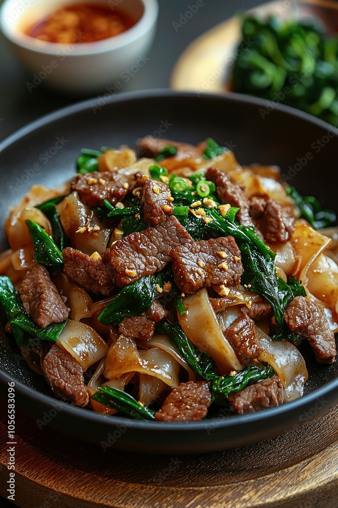 Beef and Vegetable Stir-Fry with Wide Noodles in a Black Bowl Beef and Vegetable Stir-Fry with Wide Noodles in a Black Bowl