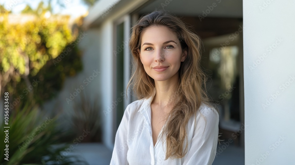 Confident Young Woman Smiling in Modern Outdoor Setting with Natural Light Confident Young Woman Smiling in Modern Outdoor Setting with Natural Light