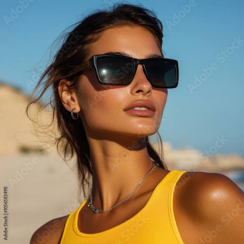 Woman in yellow tank top and black sunglasses