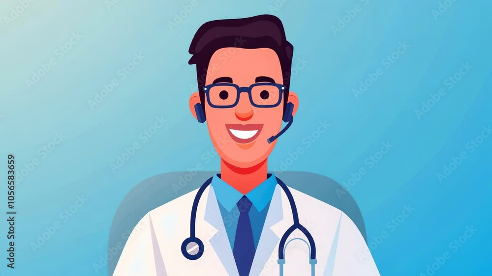 Cheerful doctor with glasses and headset, ready to assist patients. Modern healthcare concept Cheerful doctor with glasses and headset, ready to assist patients. Modern healthcare concept