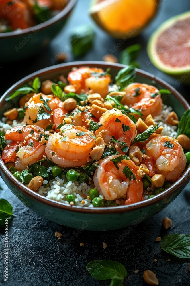 Bowl of Shrimp with Rice, Peas, Peanuts, and Basil Bowl of Shrimp with Rice, Peas, Peanuts, and Basil