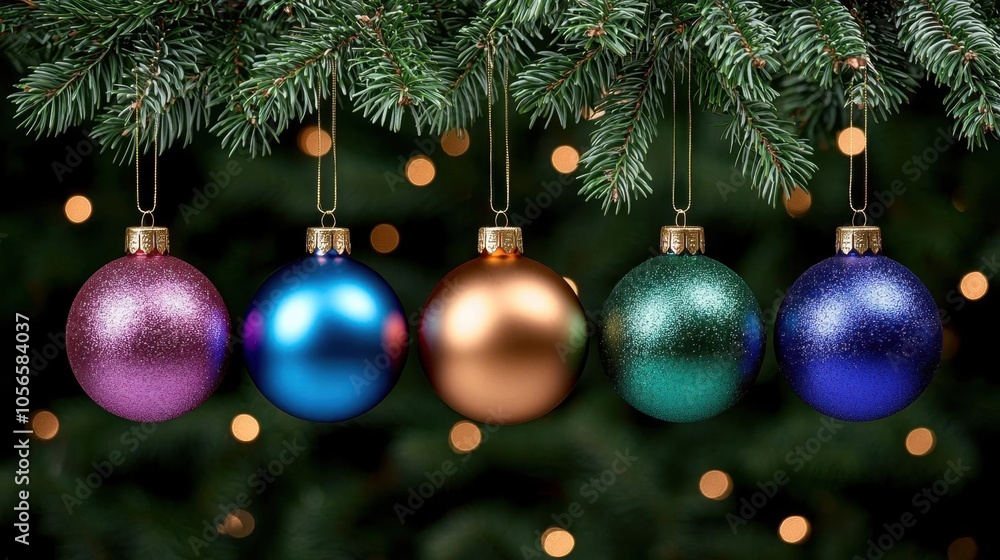 A photostock of colorful baubles hanging from a decorated Christmas tree. A photostock of colorful baubles hanging from a decorated Christmas tree.