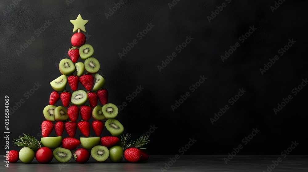 Christmas tree symbol food concept. A creative arrangement of fruits shaped like a Christmas tree, featuring red strawberries, green apples, and a star on top, against a dark background.