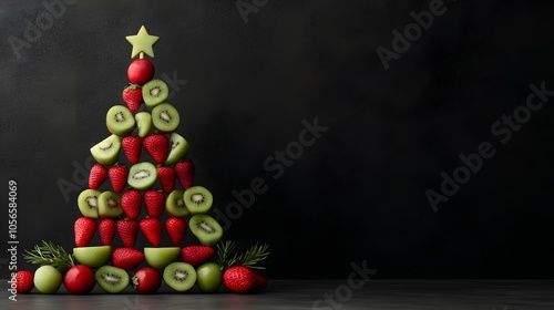 Obraz na płótnie Christmas tree symbol food concept. A creative arrangement of fruits shaped like a Christmas tree, featuring red strawberries, green apples, and a star on top, against a dark background. w salonie
