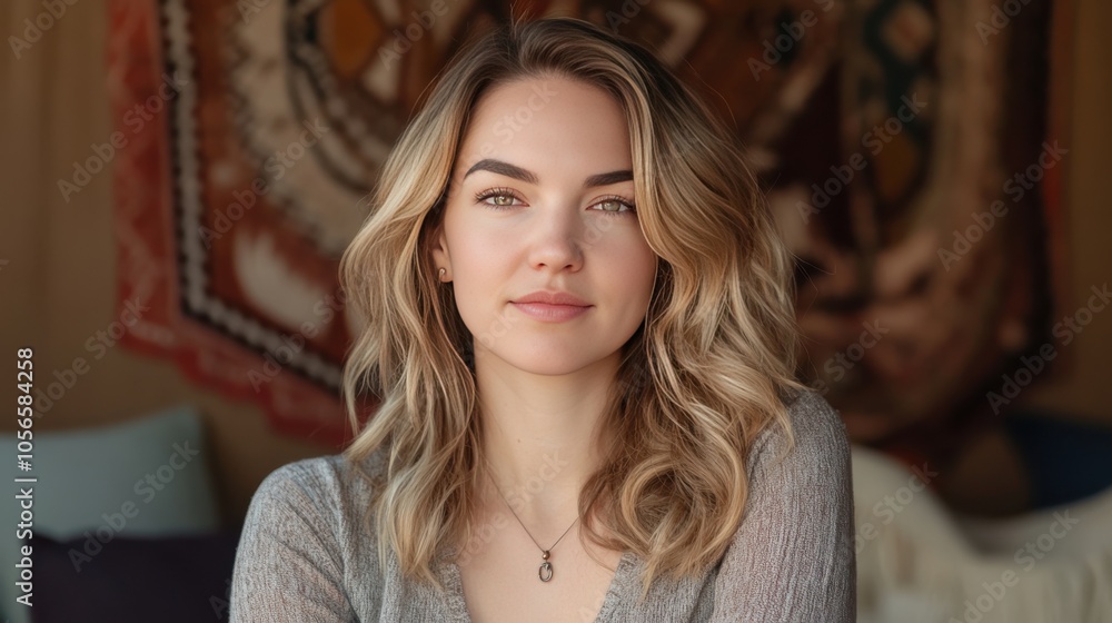 Natural Portrait of a Young Woman with Wavy Hair in a Cozy Indoor Setting Natural Portrait of a Young Woman with Wavy Hair in a Cozy Indoor Setting