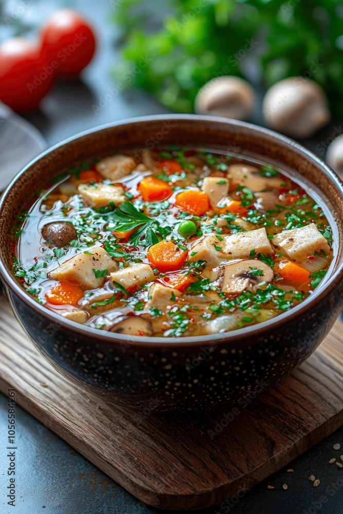 A bowl of soup with chicken, mushrooms, carrots, peas, and parsley. A bowl of soup with chicken, mushrooms, carrots, peas, and parsley.