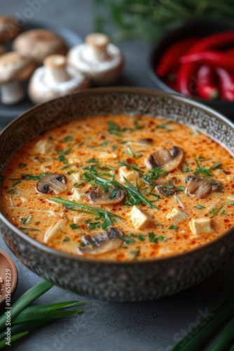 Creamy Mushroom Soup with Tofu and Herbs in a Bowl