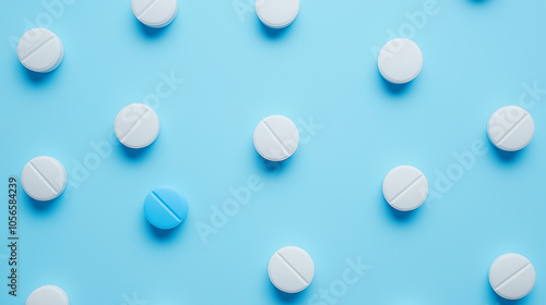 Minimalist arrangement of white and blue pills forming a pattern on a clean, flat surface