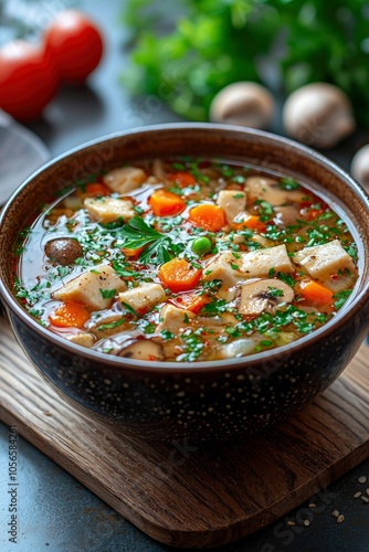 A bowl of soup with chicken, mushrooms, carrots, peas, and parsley.