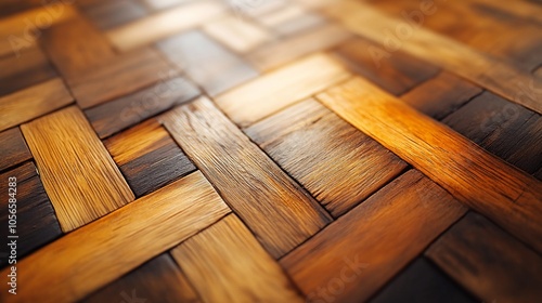 Close-up view of a wooden parquet floor with a warm, golden light.