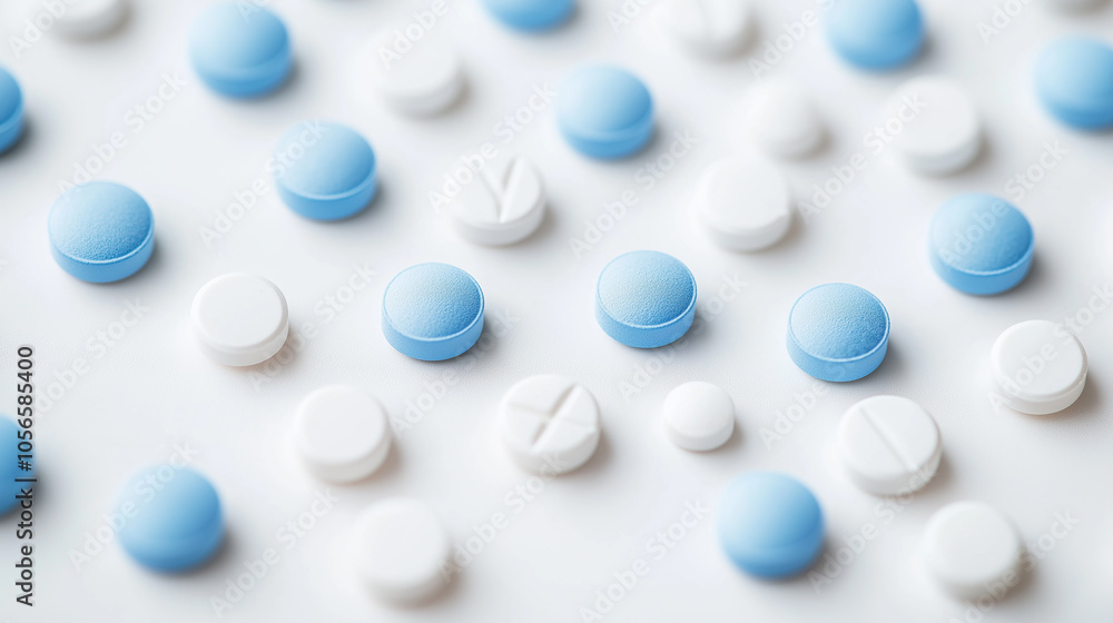 Minimalist arrangement of white and blue pills forming a pattern on a clean, flat surface Minimalist arrangement of white and blue pills forming a pattern on a clean, flat surface