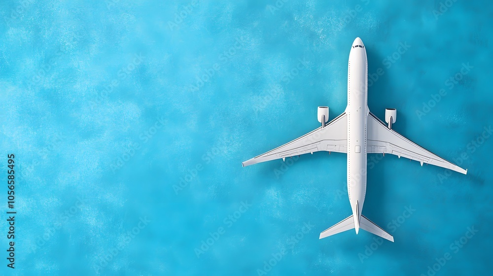 Fototapeta premium Flat lay design of travel concept with plane on blue background with copy space. 