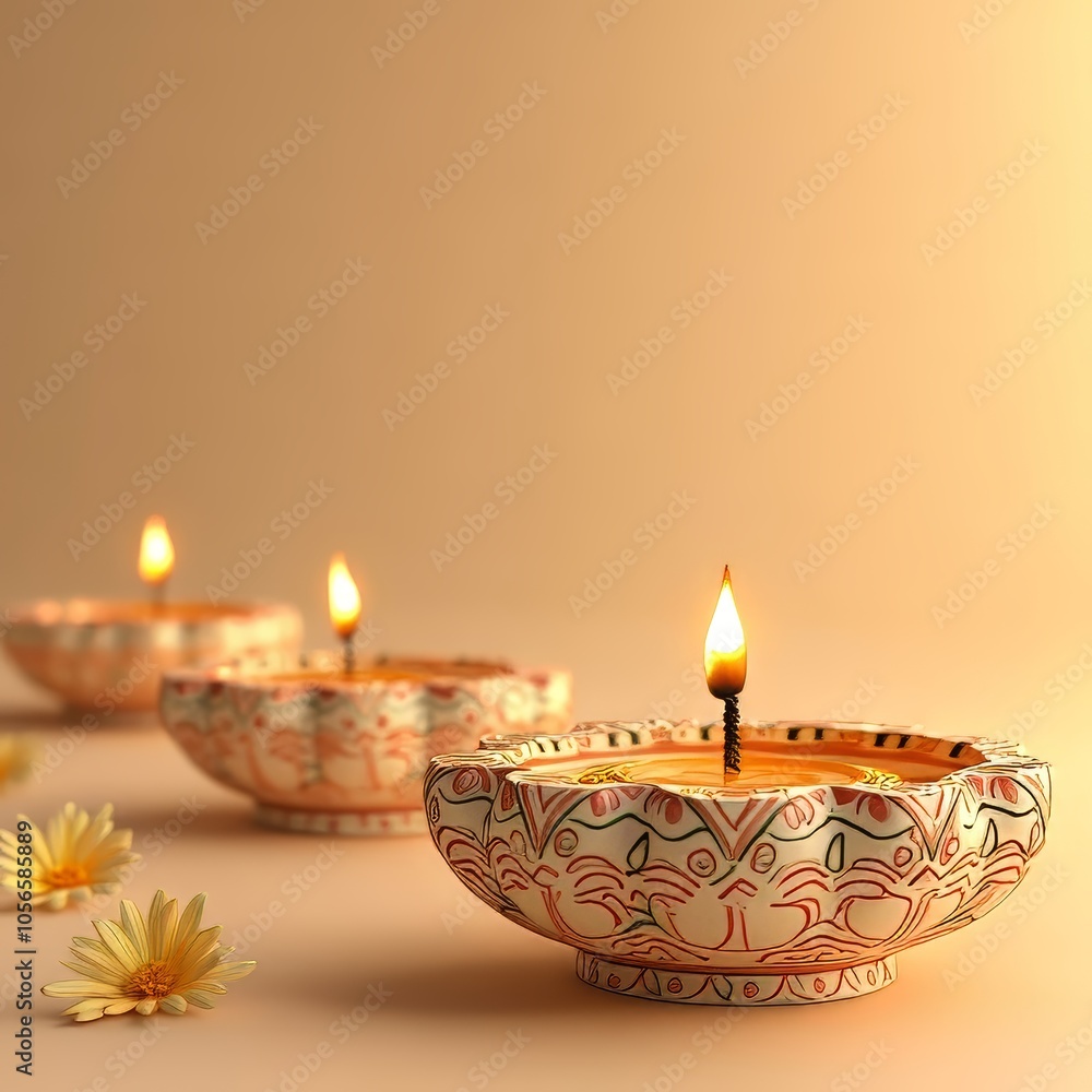 Diwali diyas on a clean background with ample room for messaging. Diwali diyas on a clean background with ample room for messaging.