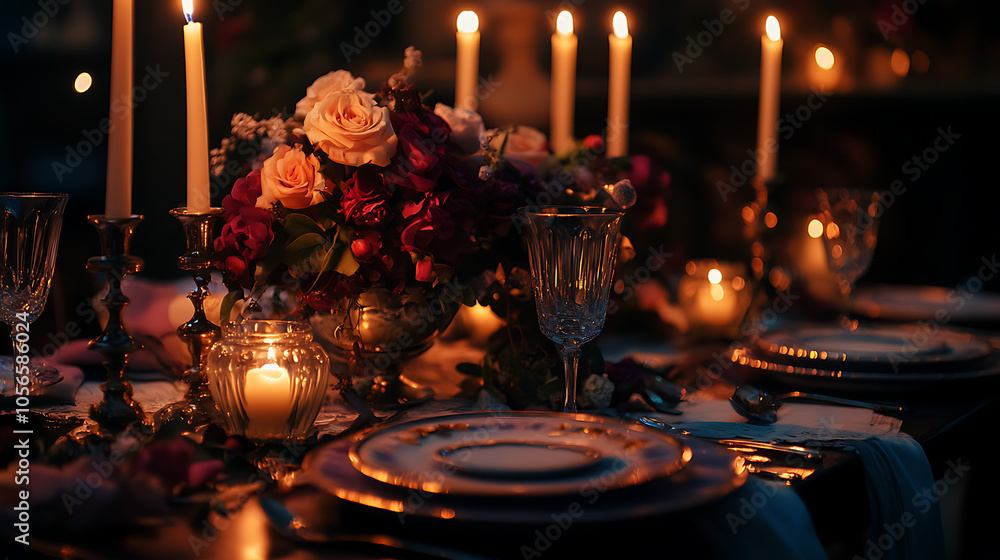 Elegant dinner table set with candles, flowers, and fine dining accessories. Elegant dinner table set with candles, flowers, and fine dining accessories.