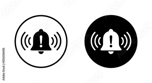 Warning alarm bell icon on black circle. Emergency alert sign symbol