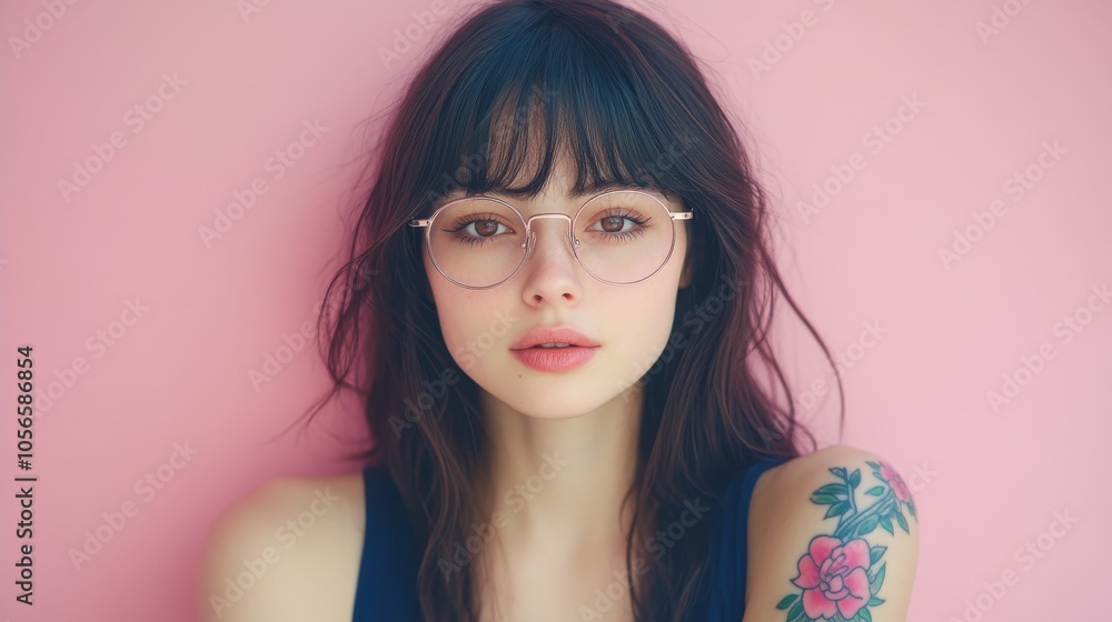 A stylish young woman showcasing her floral tattoos and glasses smiles warmly at the camera while standing in a sunlit interior. The atmosphere is inviting and relaxed. A stylish young woman showcasing her floral tattoos and glasses smiles warmly at the camera while standing in a sunlit interior. The atmosphere is inviting and relaxed.