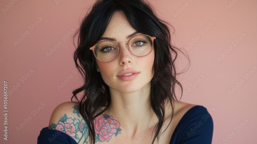 A stylish young woman showcasing her floral tattoos and glasses smiles warmly at the camera while standing in a sunlit interior. The atmosphere is inviting and relaxed. A stylish young woman showcasing her floral tattoos and glasses smiles warmly at the camera while standing in a sunlit interior. The atmosphere is inviting and relaxed.
