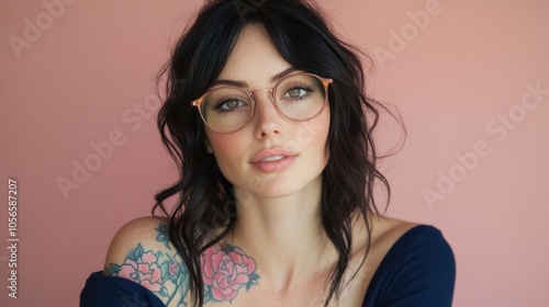 A stylish young woman showcasing her floral tattoos and glasses smiles warmly at the camera while standing in a sunlit interior. The atmosphere is inviting and relaxed.