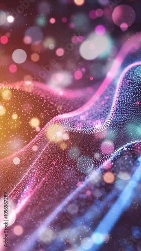 Colorful Abstract Particle Wave With Soft Focus Lighting. Background. Seamless looping motion design. Video animation. Vibrant abstract wave design with colorful particles