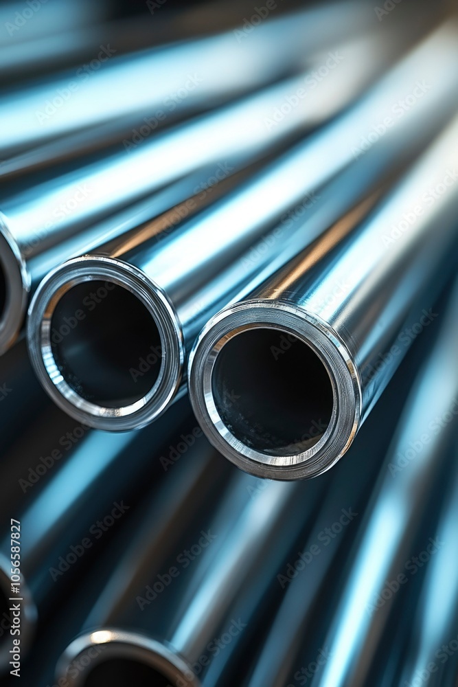 Close-up of Stacked Shiny Metal Pipes