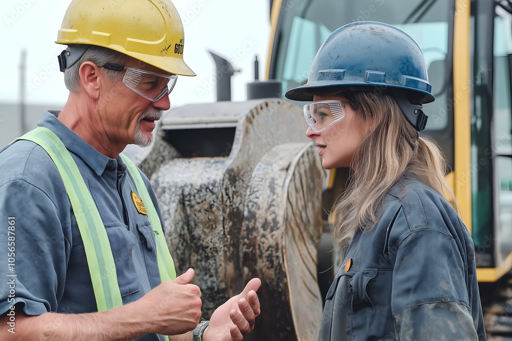 Female Engineer and foreman talking about work at construction site By wearing personal safety equipment, including suits, glasses, and helmets. Female Engineer and foreman talking about work at construction site By wearing personal safety equipment, including suits, glasses, and helmets.