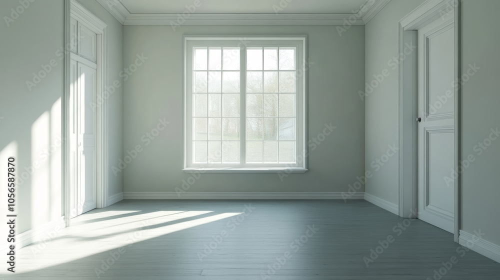 A large, empty room with a large window and white doors A large, empty room with a large window and white doors