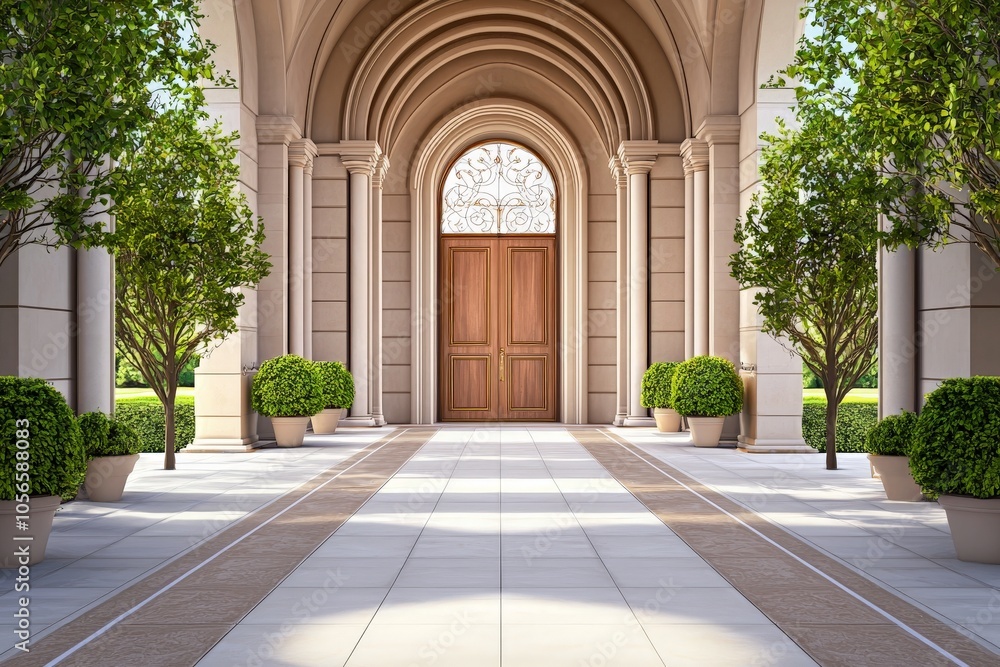 Fototapeta premium Grand Arched Entryway with Wooden Door and Surrounding Greenery