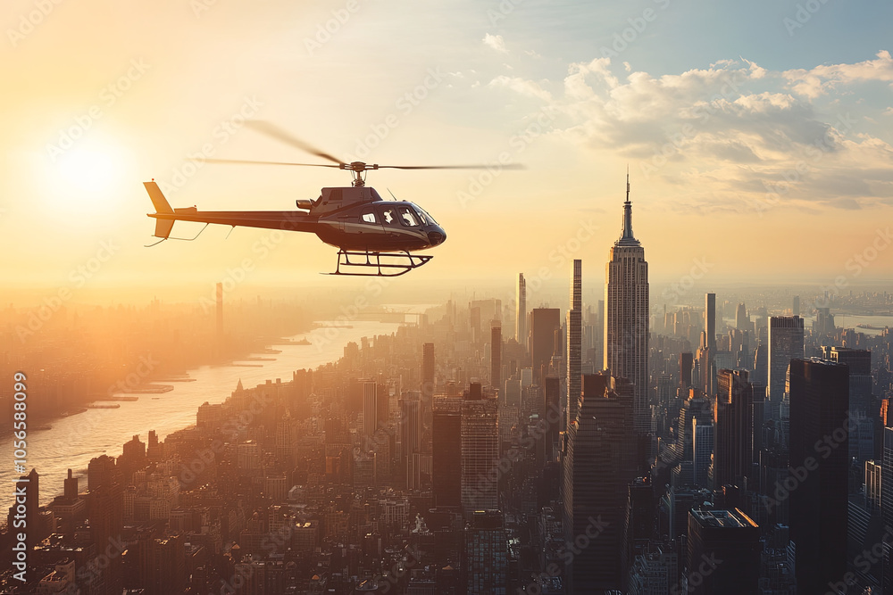 Helicopter hovering above a city skyline Helicopter hovering above a city skyline