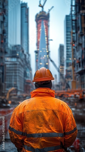 construction worker in bright ppe focused on a construction site surrounded by machinery and skyscrapers under a clear blue sky conveying safety and hard work