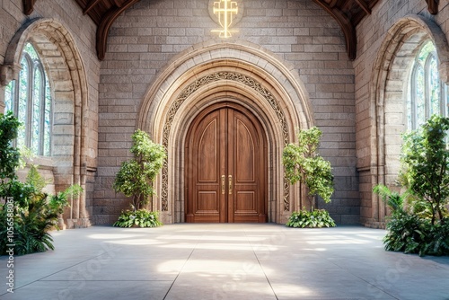 Grand Arched Entryway with Wooden Door and Plants