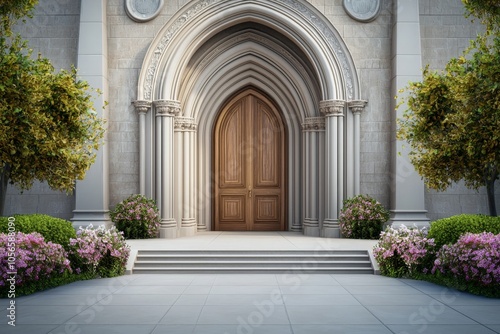 Grand Arched Entryway with Elegant Wooden Door