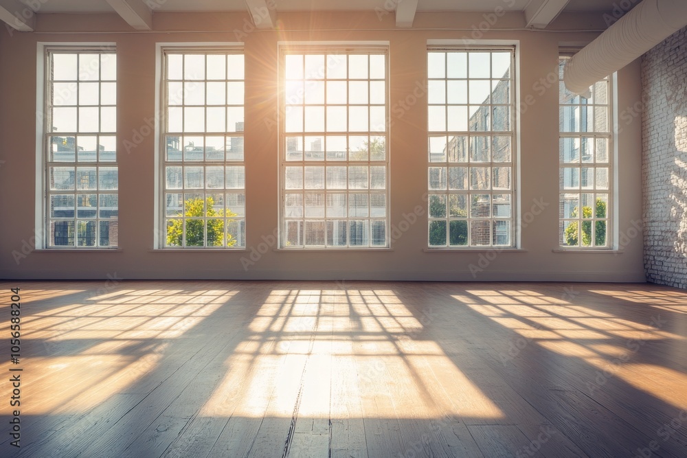 A large room with four windows and a sun shining through them. The room is empty and has a very clean and bright appearance A large room with four windows and a sun shining through them. The room is empty and has a very clean and bright appearance