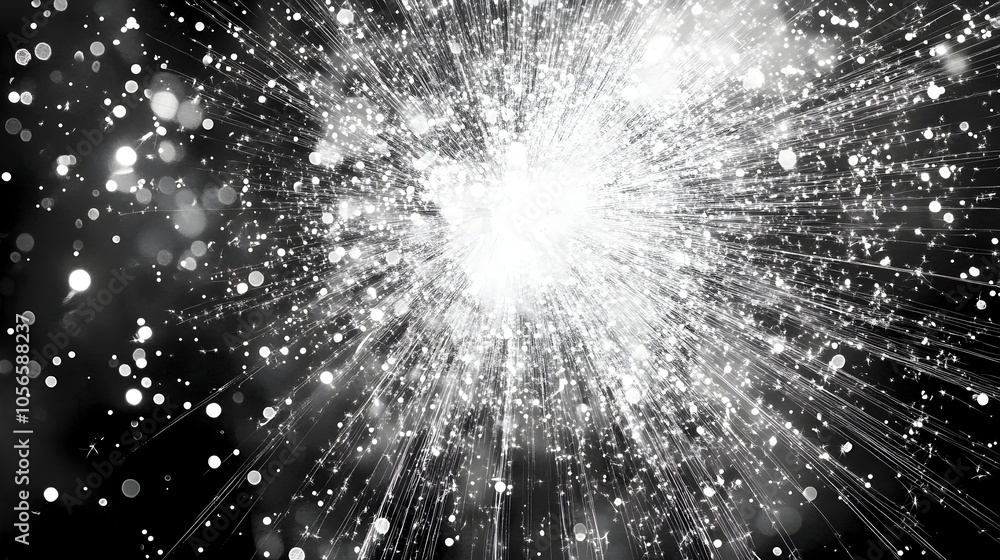 Mesmerizing White and Silver Firework Burst Expanding into Intricate Sparkles Against a Dark