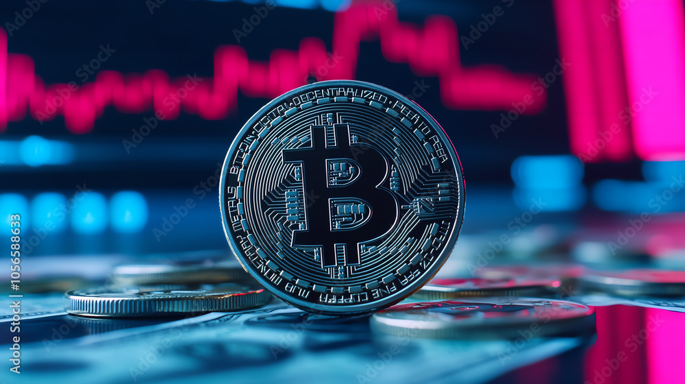 Close-up of a Bitcoin coin on a digital background with financial charts, representing cryptocurrency investment and blockchain technology.