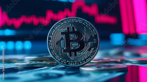 Obraz na płótnie Close-up of a Bitcoin coin on a digital background with financial charts, representing cryptocurrency investment and blockchain technology. w salonie