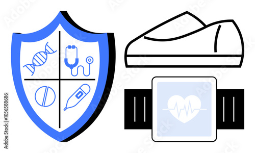 Shield with DNA, stethoscope, pill, and thermometer symbols, a shoe, and a smartwatch with a heart rate icon. Ideal for healthcare, fitness, wellness, protection, medical equipment, health tracking