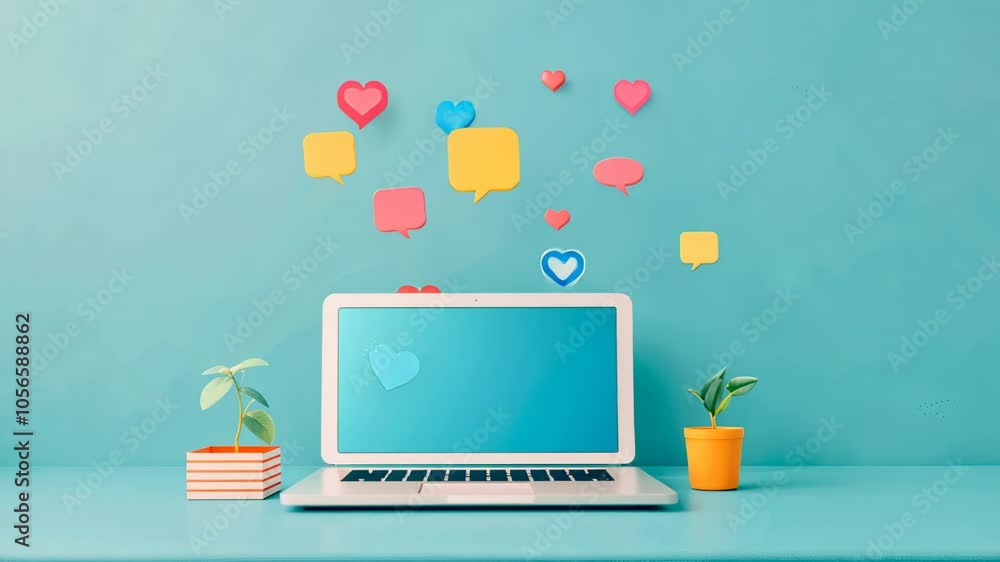 A vibrant workspace featuring a laptop, plants, and colorful speech bubbles A vibrant workspace featuring a laptop, plants, and colorful speech bubbles
