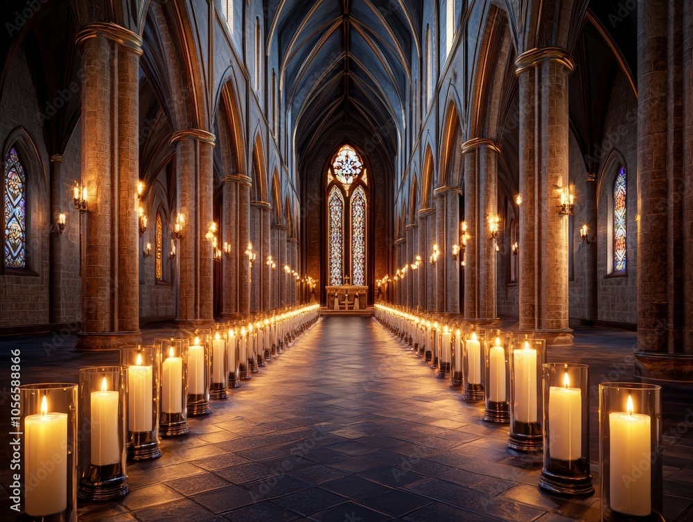 Illuminated Candles in Serene Church Interior Illuminated Candles in Serene Church Interior