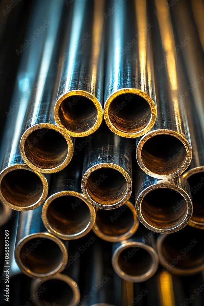 Close-up of Stacked Metal Pipes with Golden Edges Close-up of Stacked Metal Pipes with Golden Edges