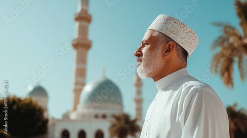 A Muslim man in traditional dress standing in front of a mosque, highlighting faith and cultural heritage photo