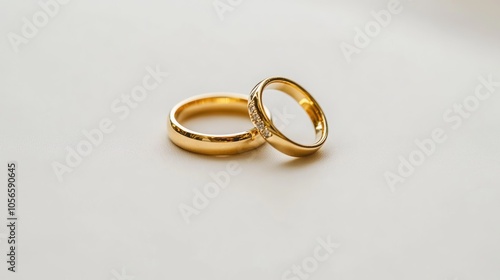 Gold wedding rings displayed on a white background captured in a macro shot