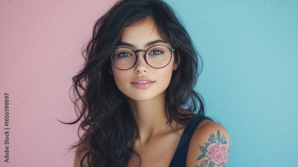 Fototapeta premium A stylish young woman showcasing her floral tattoos and glasses smiles warmly at the camera while standing in a sunlit interior. The atmosphere is inviting and relaxed.