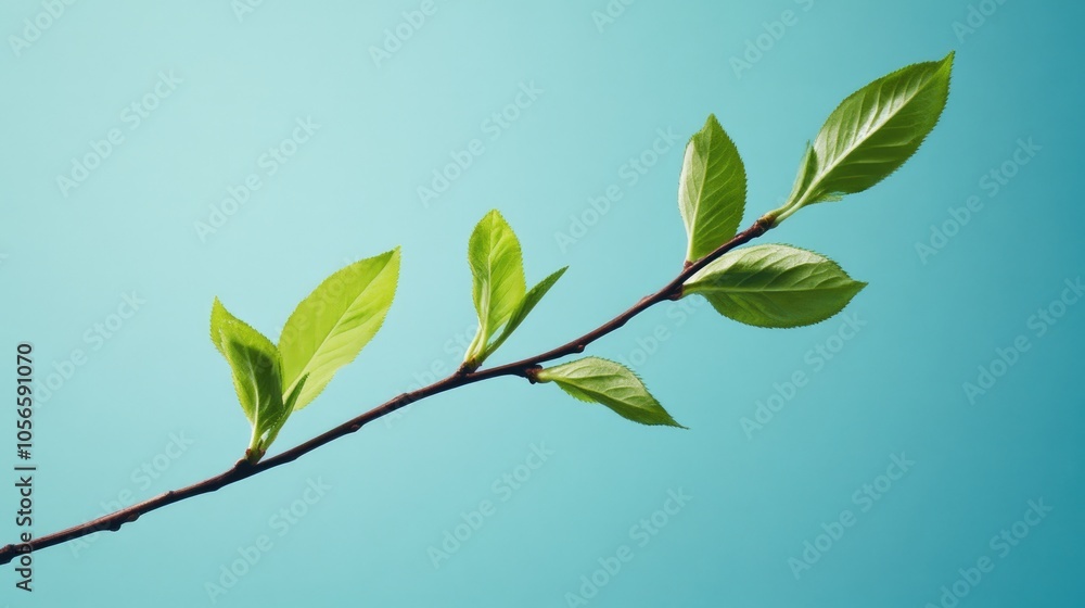 New green leaves on a branch set against a blue background illustrating themes of nature and growth New green leaves on a branch set against a blue background illustrating themes of nature and growth